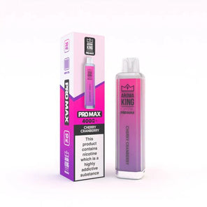 Aroma King Crystal Pro Max 4000+ disposable vape in pink packaging with retail box showing Cherry Cranberry flavor