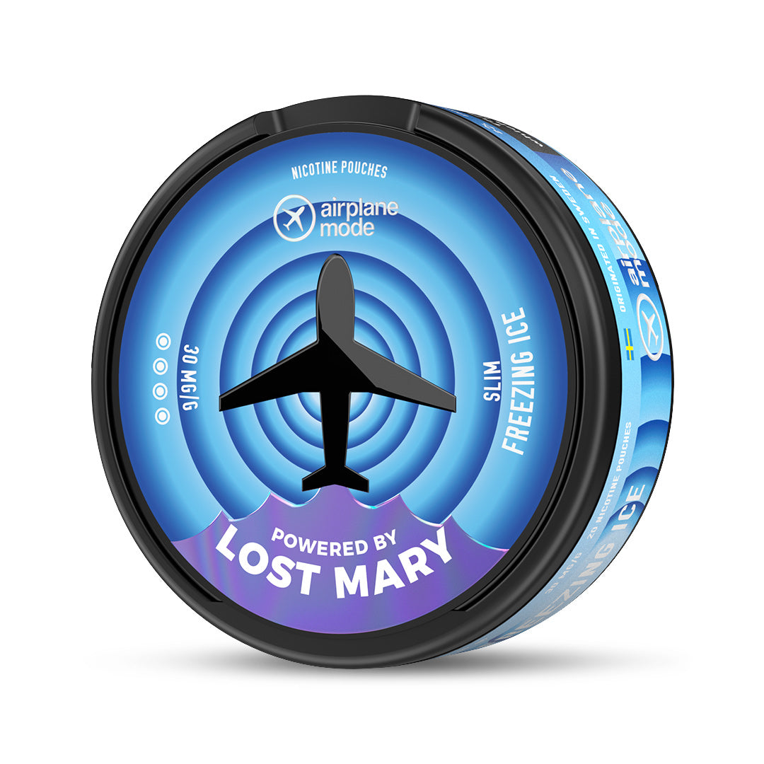 Airplane Mode Nic Pouches Singles tin featuring circular airplane design in turquoise and purple with Lost Mary branding