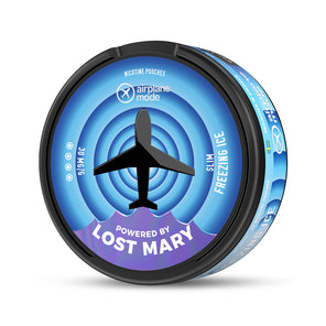 Airplane Mode Nic Pouches tin featuring black airplane silhouette on blue circular design with Lost Mary branding