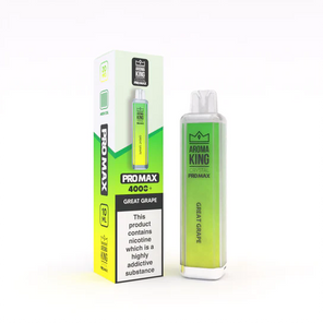 Aroma King Crystal Pro Max 4000 disposable vape device in green packaging with grape flavor and transparent body design