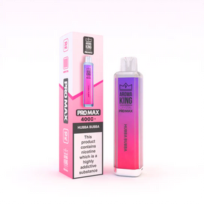 Aroma King Crystal Pro Max 4000+ disposable vape in pink and purple packaging with product box showing Hubba Bubba flavor