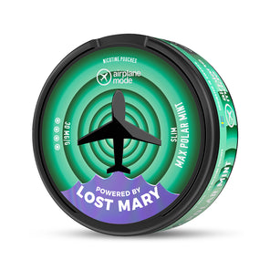 Airplane Mode Nic Pouches Singles tin with green circular design and airplane silhouette, powered by Lost Mary branding