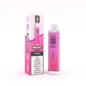 Aroma King Crystal Pro Max 4000+ disposable vape in pink packaging with retail box showcasing product features and warnings
