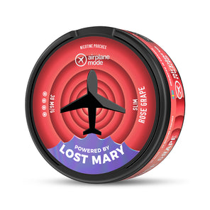 Airplane Mode Nic Pouches Singles tin featuring red circular design with black airplane silhouette and Lost Mary branding