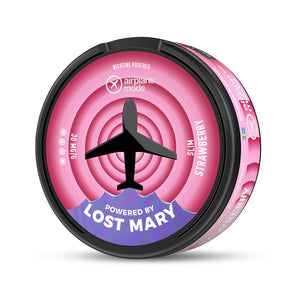 Airplane Mode Nic Pouches Singles tin with pink circular design featuring airplane silhouette and Lost Mary branding